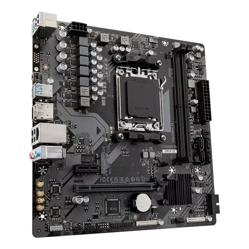 Płyta główna GIGABYTE A620M H - obsługuje procesory AMD Ryzen 8000, 5+2+2 fazowa cyfrowa VRM, do 7200 MHz DDR5 (OC), 1xPCIe 4.0 M.2, GbE LAN, USB 3.2 Gen 1