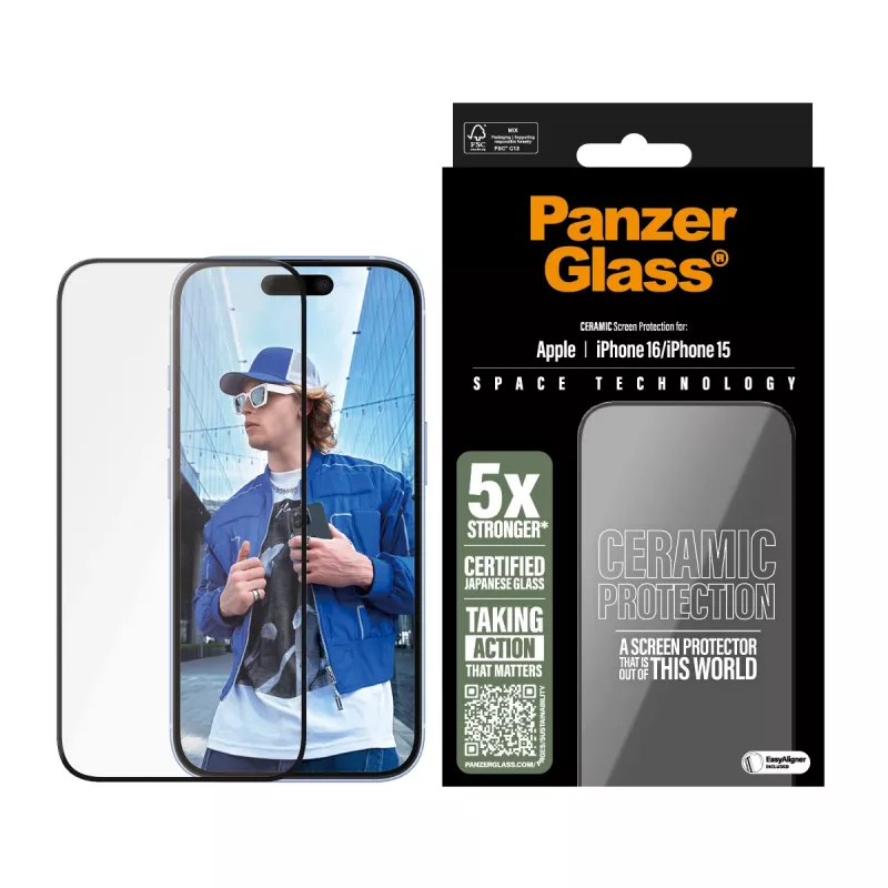 PanzerGlass ® Ceramiczna osłona ekranu iPhone 16 | 15 | Ultra-Wide Fit z EasyAligner