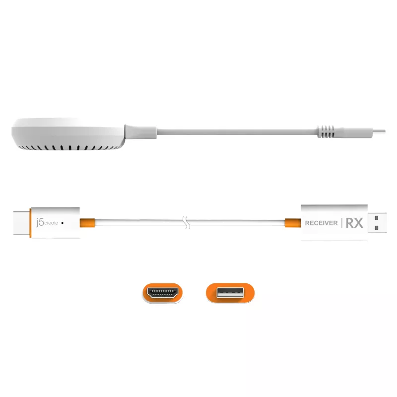 j5create JVAW62 ScreenCast USB-C® bezprzewodowy przedłużacz wyświetlacza HDMI™, biały i pomarańczowy