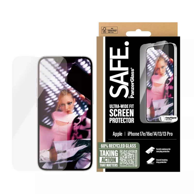 PanzerGlass SAFE. by ® Screen Protector iPhone 17e | 16e | 14 | 13 | 13 Pro | Ultra-Wide Fit z EasyAligner