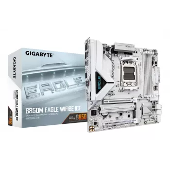 Płyta główna GIGABYTE B850M EAGLE WIFI6E ICE - procesory AMD Ryzen 9000 Series, 8+2+2 fazy cyfrowego VRM, do 8200 MHz DDR5 (OC), 1xPCIe 5.0 + 1xPCIe 4.0 M.2, Wi-Fi 6E, 2,5 GbE LAN, USB 3.2 Gen 2