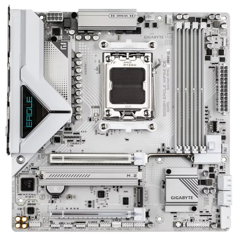 Płyta główna GIGABYTE B850M EAGLE WIFI6E ICE - procesory AMD Ryzen 9000 Series, 8+2+2 fazy cyfrowego VRM, do 8200 MHz DDR5 (OC), 1xPCIe 5.0 + 1xPCIe 4.0 M.2, Wi-Fi 6E, 2,5 GbE LAN, USB 3.2 Gen 2
