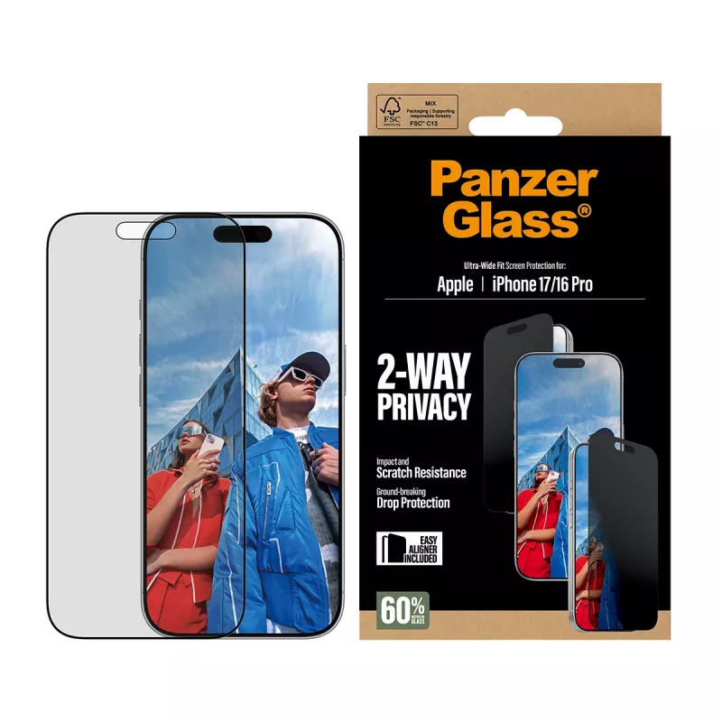 PanzerGlass ® 2-Way Privacy Screen Protector iPhone 17 | iPhone 16 Pro | Ultra-Wide Fit z EasyAligner