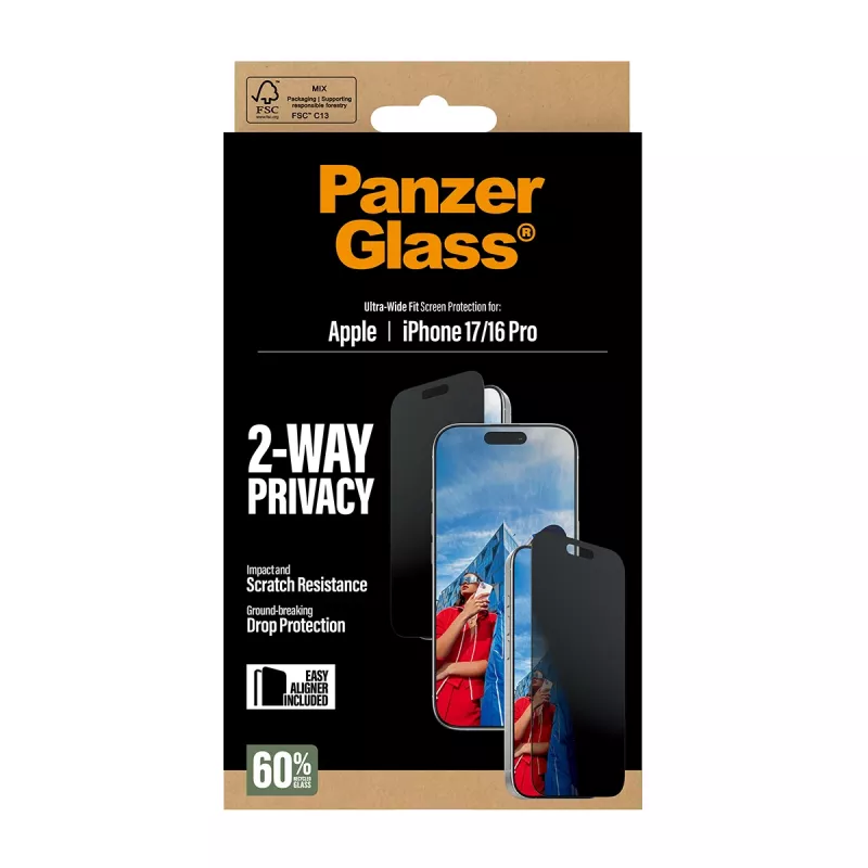 PanzerGlass ® 2-Way Privacy Screen Protector iPhone 17 | iPhone 16 Pro | Ultra-Wide Fit z EasyAligner