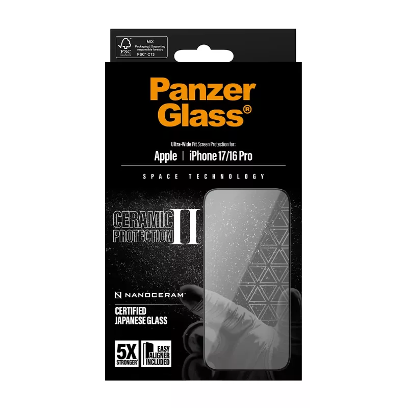 PanzerGlass ® Ceramic II Screen Protector iPhone 17 | iPhone 16 Pro | Ultra-Wide Fit z EasyAligner