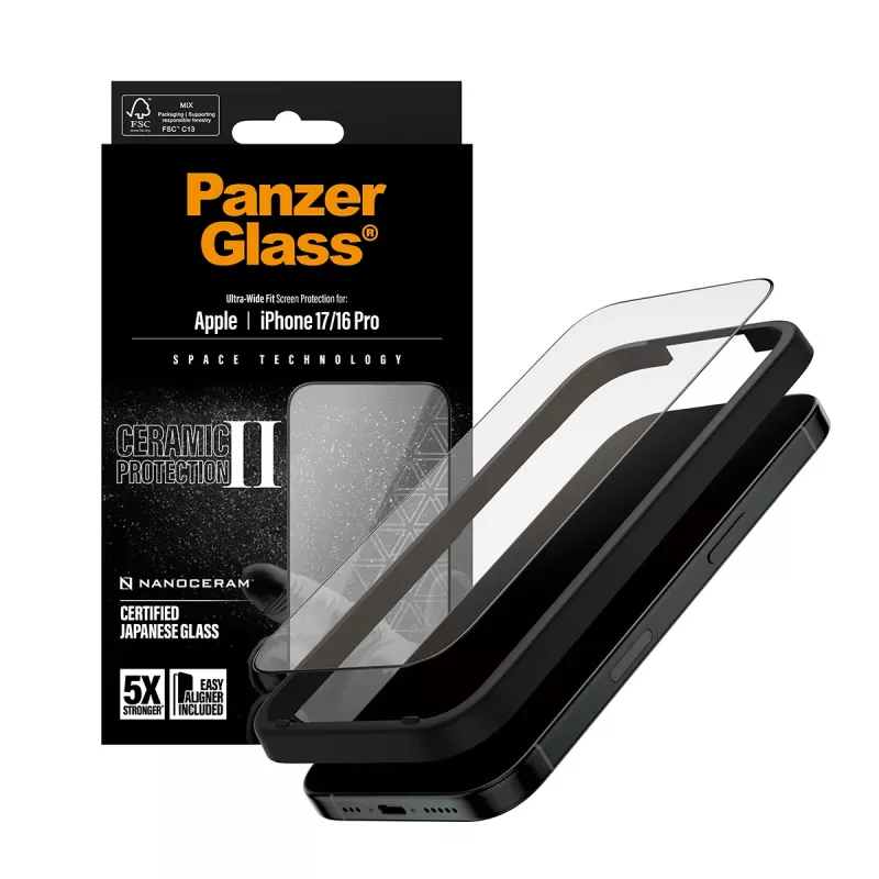 PanzerGlass ® Ceramic II Screen Protector iPhone 17 | iPhone 16 Pro | Ultra-Wide Fit z EasyAligner
