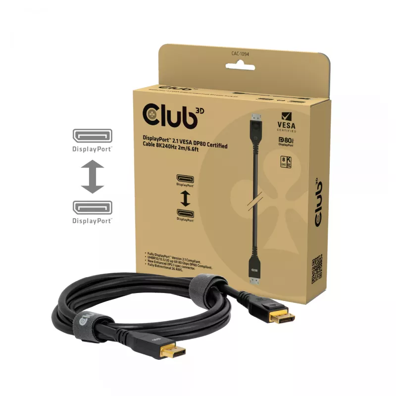 Kabel CLUB3D DisplayPort™ 2.1 z certyfikatem VESA DP80 8K240Hz 2m/6.56ft