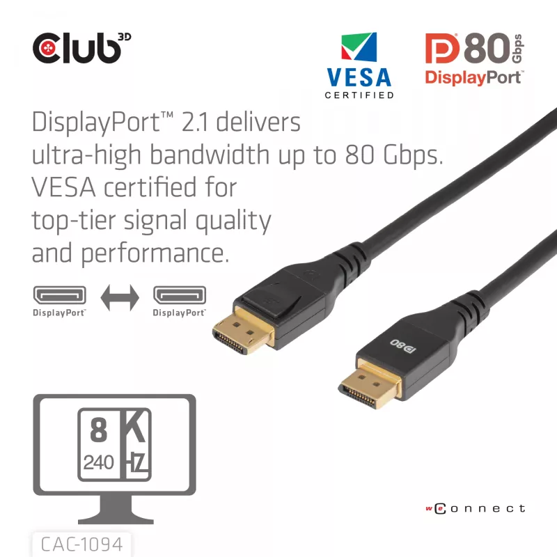Kabel CLUB3D DisplayPort™ 2.1 z certyfikatem VESA DP80 8K240Hz 2m/6.56ft