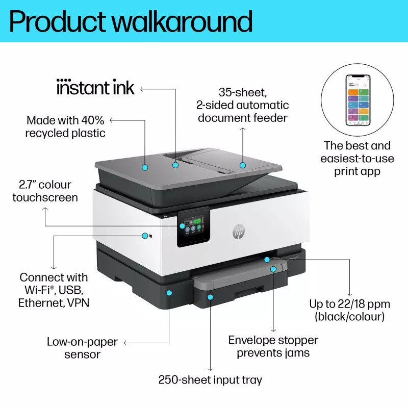 HP OfficeJet Pro 9120e Bezprzewodowa kolorowa drukarka wielofunkcyjna, Instant Ink; Druk dwustronny