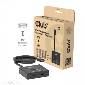 CLUB3D USB-C® dwukierunkowy przełącznik wideo + danych + PD, USB Type-C, 2x DisplayPort, 7680 x 4320 pikseli, czarny, 8K Ultra HD, 120 Hz