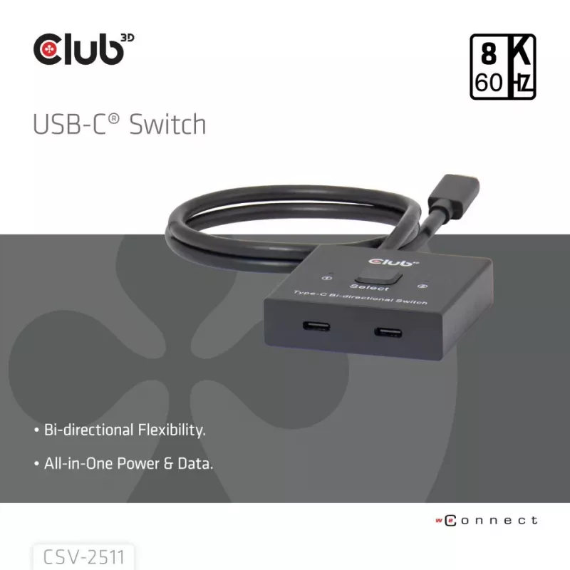 CLUB3D USB-C® dwukierunkowy przełącznik wideo + danych + PD, USB Type-C, 2x DisplayPort, 7680 x 4320 pikseli, czarny, 8K Ultra HD, 120 Hz