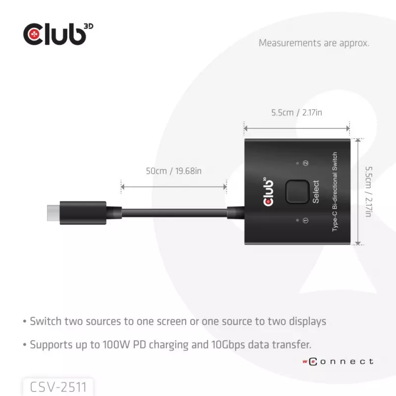 CLUB3D USB-C® dwukierunkowy przełącznik wideo + danych + PD, USB Type-C, 2x DisplayPort, 7680 x 4320 pikseli, czarny, 8K Ultra HD, 120 Hz