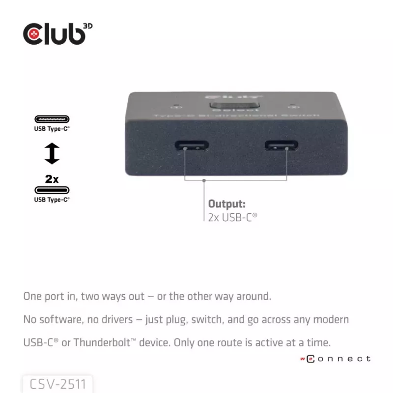 CLUB3D USB-C® dwukierunkowy przełącznik wideo + danych + PD, USB Type-C, 2x DisplayPort, 7680 x 4320 pikseli, czarny, 8K Ultra HD, 120 Hz