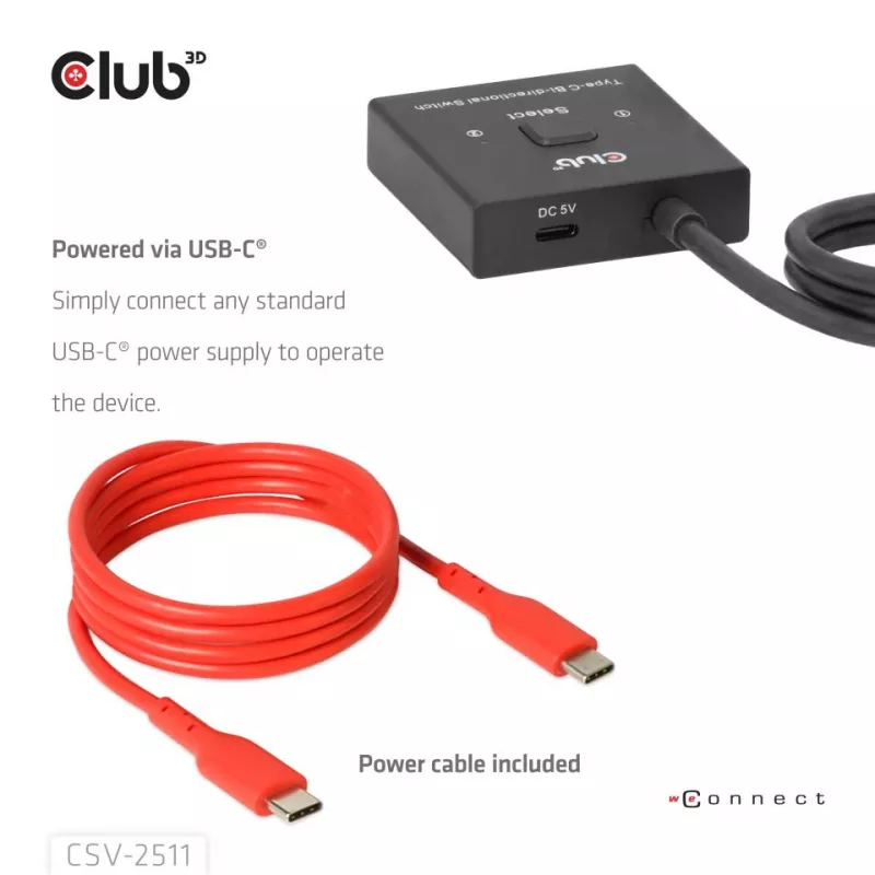 CLUB3D USB-C® dwukierunkowy przełącznik wideo + danych + PD, USB Type-C, 2x DisplayPort, 7680 x 4320 pikseli, czarny, 8K Ultra HD, 120 Hz