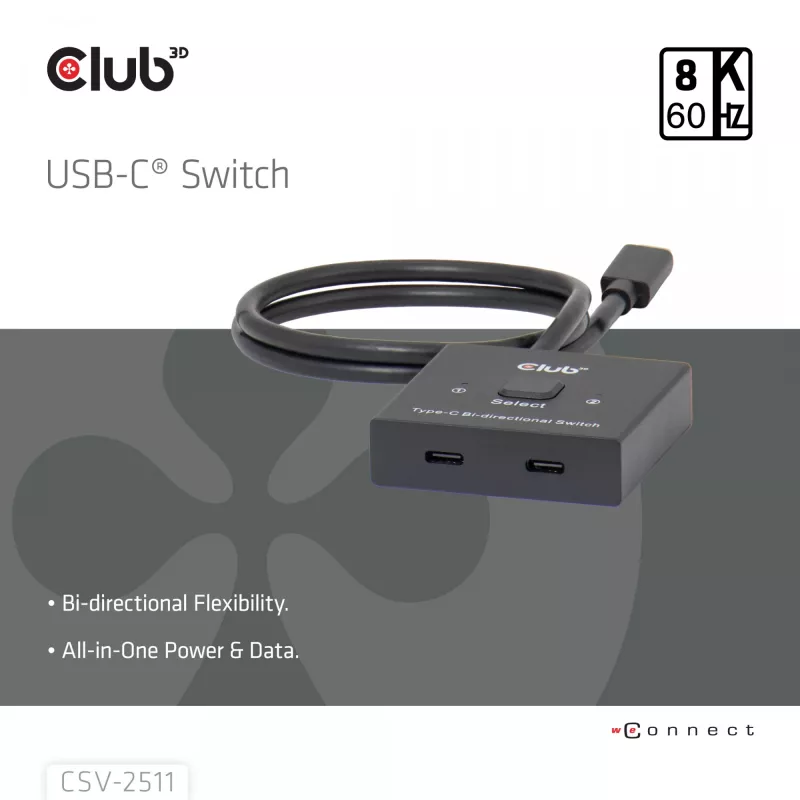 CLUB3D USB-C® dwukierunkowy przełącznik wideo + danych + PD, USB Type-C, 2x DisplayPort, 7680 x 4320 pikseli, czarny, 8K Ultra HD, 120 Hz