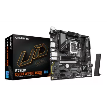 Płyta główna GIGABYTE B760M DS3H WIFI6E GEN5 - obsługuje procesory Intel Core 14. generacji, 6+2+1 faz cyfrowego VRM, do 5600 MHz DDR5, 2x PCIe 4.0 M.2, Wi-Fi 6E, 2,5 GbE LAN, USB 3.2 Gen2