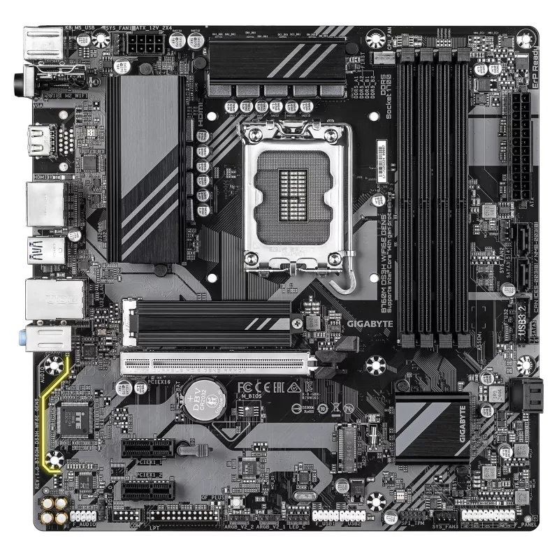 Płyta główna GIGABYTE B760M DS3H WIFI6E GEN5 - obsługuje procesory Intel Core 14. generacji, 6+2+1 faz cyfrowego VRM, do 5600 MHz DDR5, 2x PCIe 4.0 M.2, Wi-Fi 6E, 2,5 GbE LAN, USB 3.2 Gen2