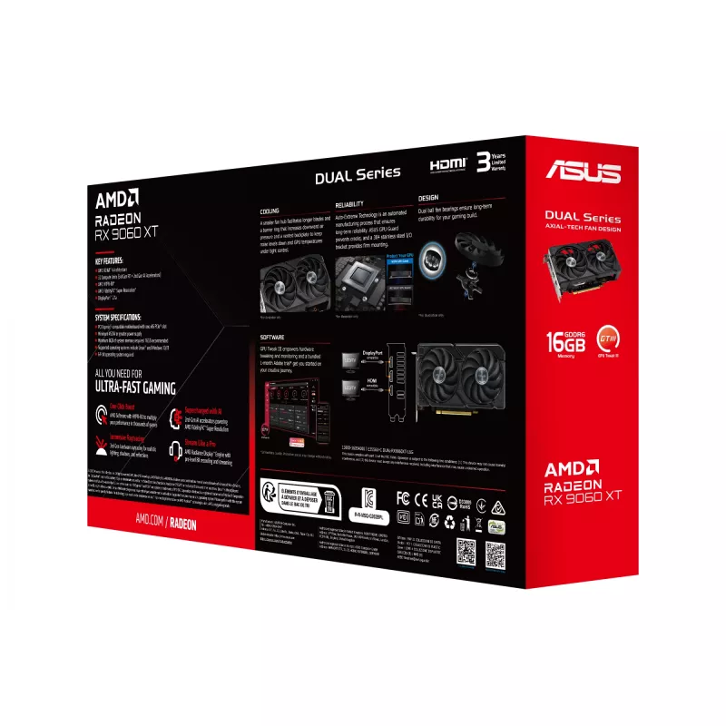 Karta graficzna ASUS Dual Radeon RX 9060 XT 16 GB GDDR6, 128-bit, PCIe 5.0, 2 wentylatory