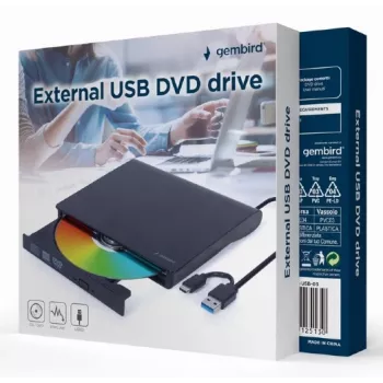 Wewnętrzny napęd DVD±RW Gembird DVD-USB-031 — USB Type-C, 24x CD / 8x DVD, ładowanie przednie, czarny, 140×18×140 mm