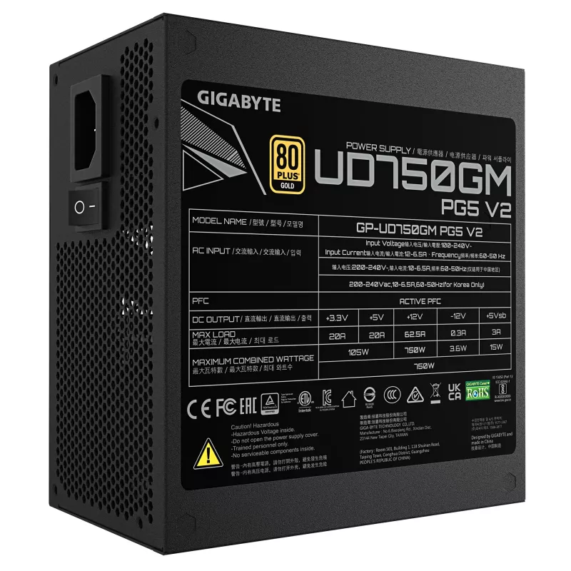 Zasilacz GIGABYTE UD750GM PG5 V2 – PCIe Gen 5.1, 80 PLUS Gold, w pełni modułowy, wentylator 120 mm, kompatybilny z ATX 3.1, wtyczka EU