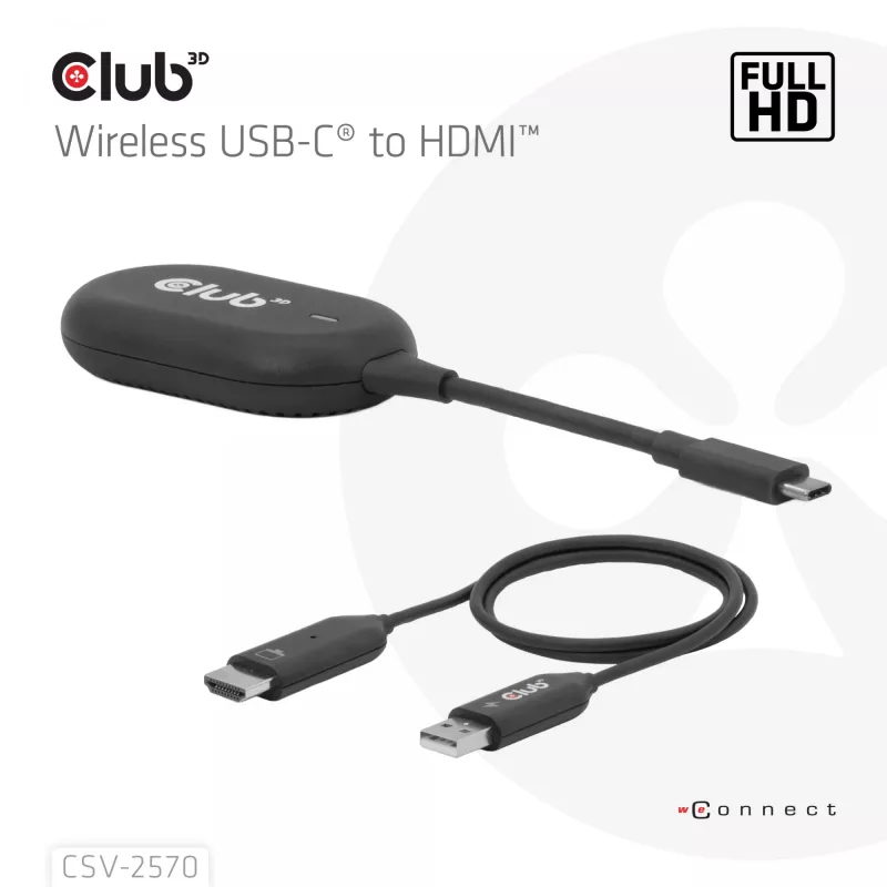 CLUB3D Bezprzewodowy USB-C® na HDMI™, 1920 x 1080 pikseli, nadajnik i odbiornik AV, przewodowy i bezprzewodowy, czarny, HDCP