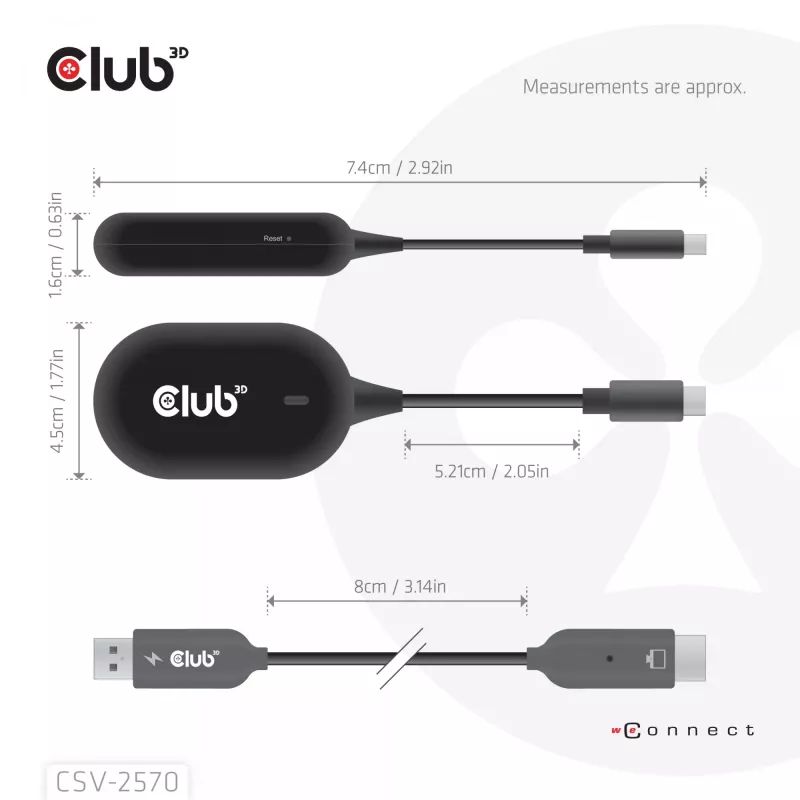CLUB3D Bezprzewodowy USB-C® na HDMI™, 1920 x 1080 pikseli, nadajnik i odbiornik AV, przewodowy i bezprzewodowy, czarny, HDCP