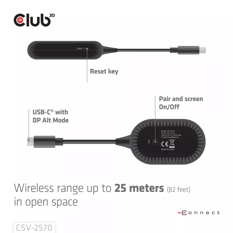 CLUB3D Bezprzewodowy USB-C® na HDMI™, 1920 x 1080 pikseli, nadajnik i odbiornik AV, przewodowy i bezprzewodowy, czarny, HDCP