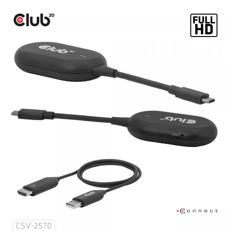 CLUB3D Bezprzewodowy USB-C® na HDMI™, 1920 x 1080 pikseli, nadajnik i odbiornik AV, przewodowy i bezprzewodowy, czarny, HDCP