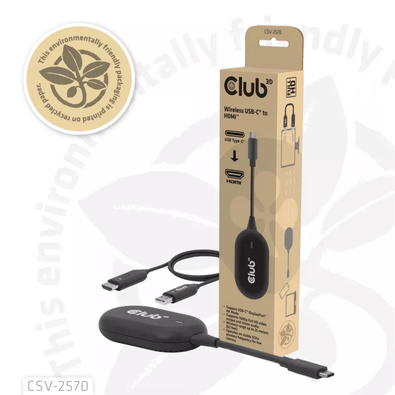 CLUB3D Bezprzewodowy USB-C® na HDMI™, 1920 x 1080 pikseli, nadajnik i odbiornik AV, przewodowy i bezprzewodowy, czarny, HDCP