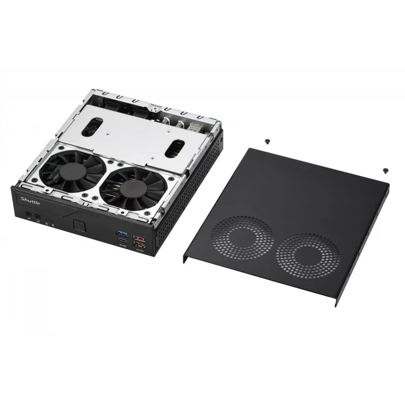 Shuttle Slim PC DH770, S1700, 2x HDMI, 2x DP, 2x 2.5G LAN, 2x COM, 8x USB, 1x 2.5 cala, 2x M.2, praca ciągła 24/7, w tym VESA