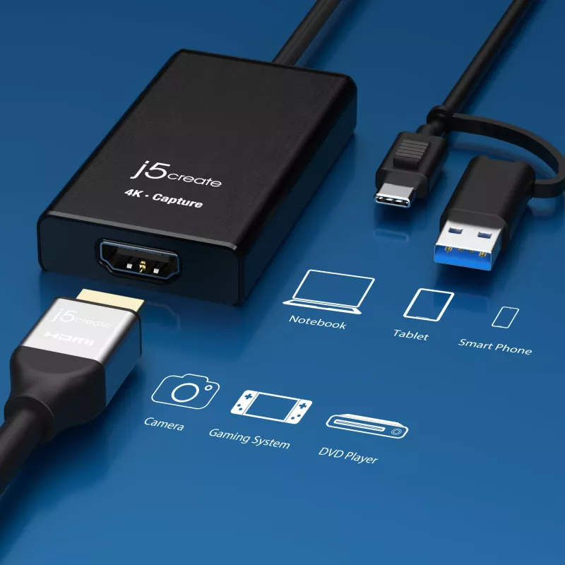 j5create JVA11-N 4K HDMI™ Adapter do przechwytywania, czarny, USB 3.2 Gen 1 (3.1 Gen 1), 3840 x 2160 pikseli, aluminium, 0,19 m, Tajwan