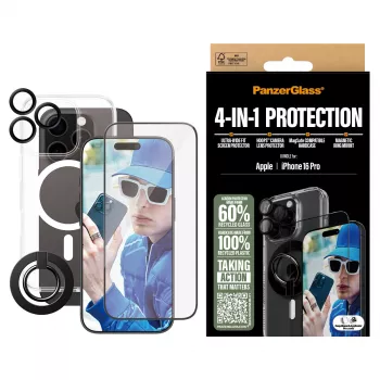 PanzerGlass ® 4-w-1 Zestaw Ochronny iPhone 16 Pro, Apple, Apple - iPhone 16 Pro, Aplikacja na sucho, Odporny na zarysowania, Odporny na wstrząsy, Przezroczysty, 1 szt.