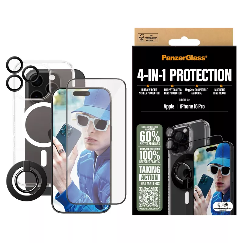 PanzerGlass ® 4-w-1 Zestaw Ochronny iPhone 16 Pro, Apple, Apple - iPhone 16 Pro, Aplikacja na sucho, Odporny na zarysowania, Odporny na wstrząsy, Przezroczysty, 1 szt.