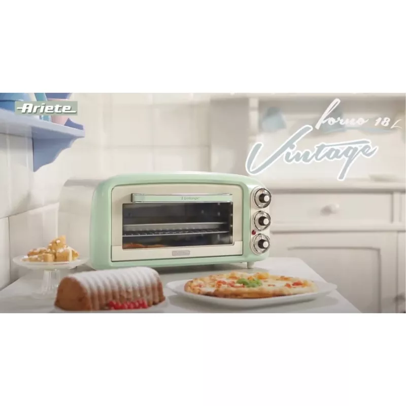 Piekarnik elektryczny Ariete 979 Design, 18 litrów, odpowiedni do pizzy 30 cm, 1380 W, 3 poziomy gotowania, minutnik 60 minut, stal nierdzewna, pastelowa zieleń