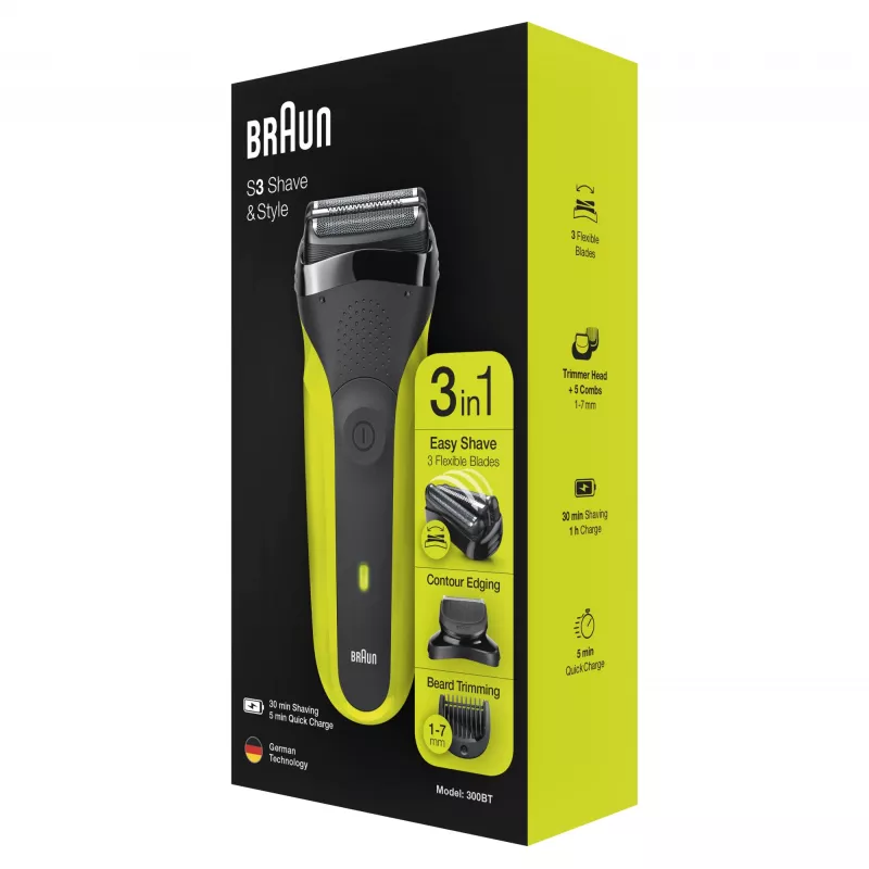 Braun Series 3 Shave&Style 300BT Golarka elektryczna, maszynka do golenia dla mężczyzn, czarno-zielona