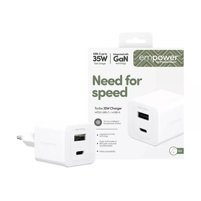 PanzerGlass empower™ by ® Turbo 35W Charger incl. USB-C + USB-A | EU Plug | srebrny biały