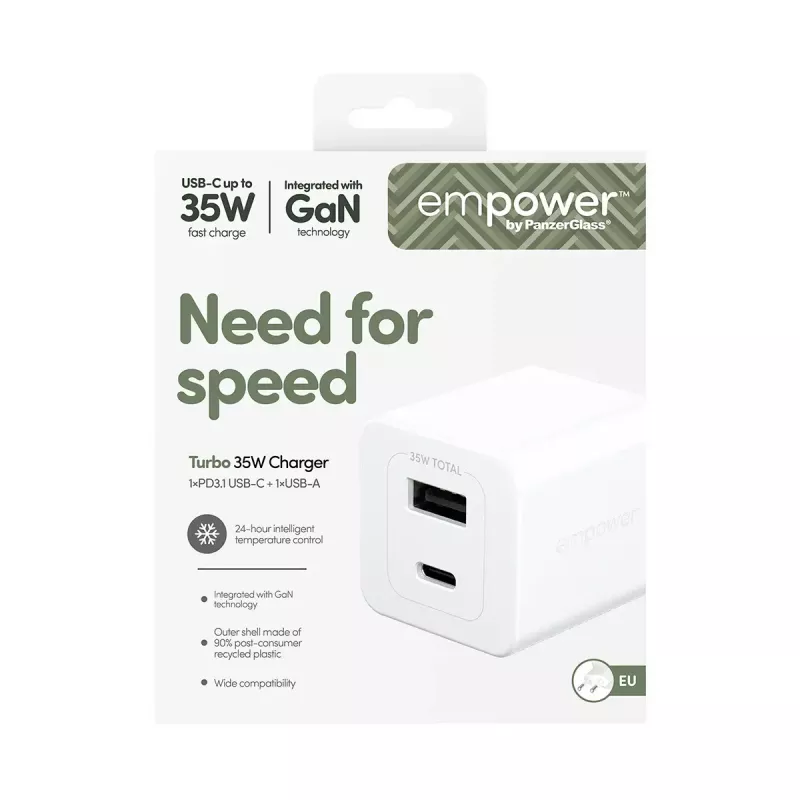PanzerGlass empower™ by ® Turbo 35W Charger incl. USB-C + USB-A | EU Plug | srebrny biały