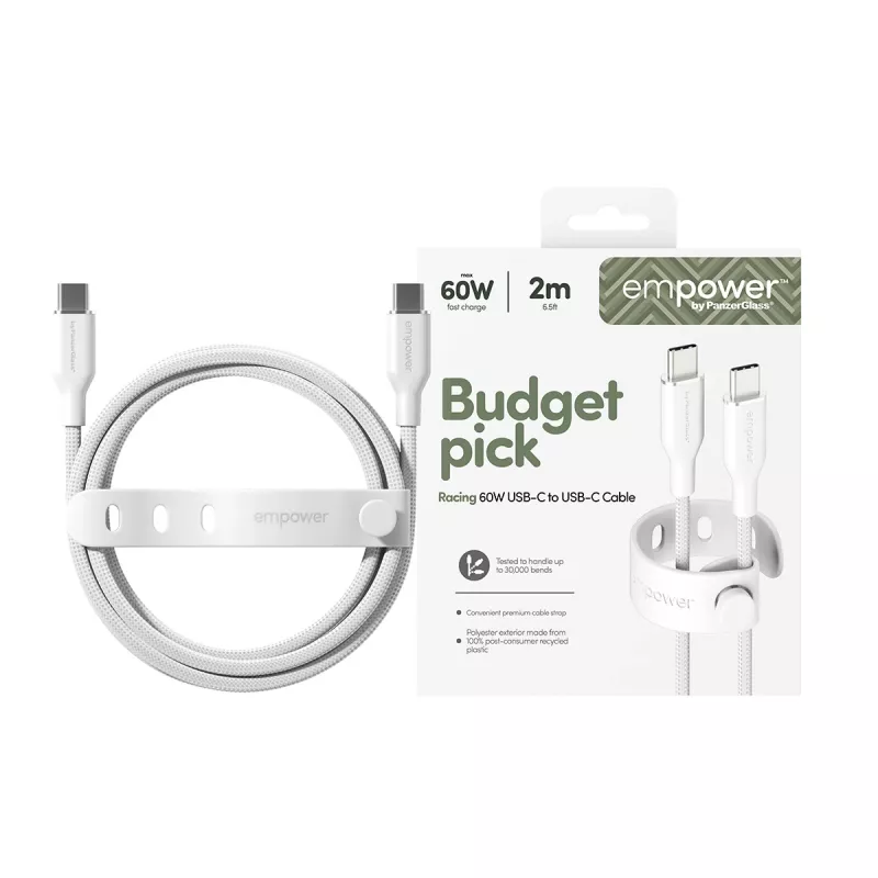 PanzerGlass empower™ by ® Racing 60W USB-C do USB-C Kabel | USB 2.0 | 2M | Srebrny Biały