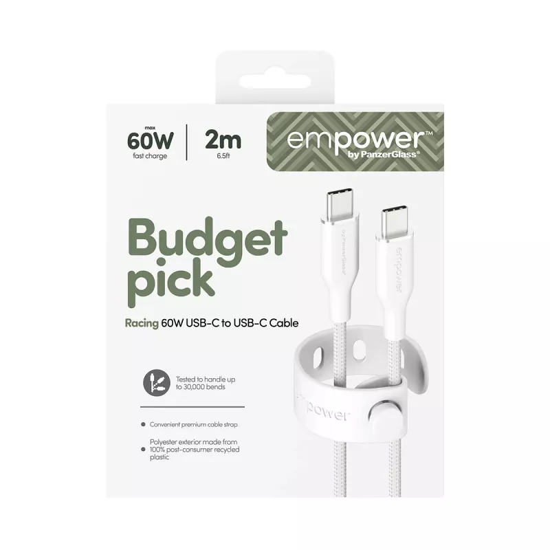 PanzerGlass empower™ by ® Racing 60W USB-C do USB-C Kabel | USB 2.0 | 2M | Srebrny Biały