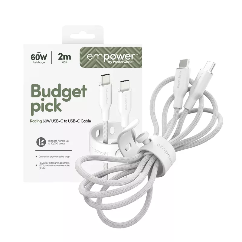PanzerGlass empower™ by ® Racing 60W USB-C do USB-C Kabel | USB 2.0 | 2M | Srebrny Biały
