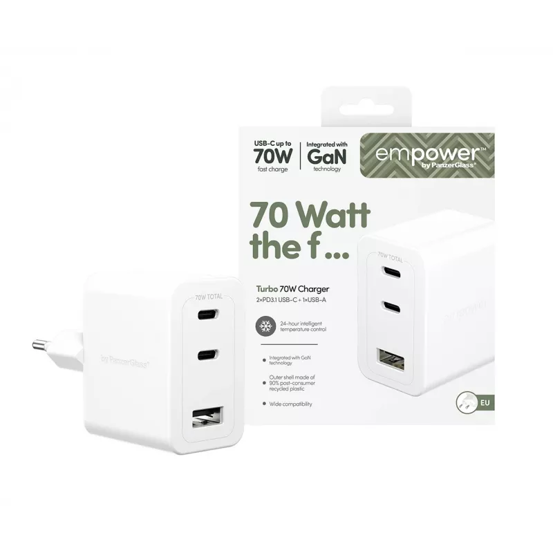 PanzerGlass empower™ by ® Turbo 70W Multiple Charger incl. 2 x USB-C + USB-A | EU Plug | srebrny biały