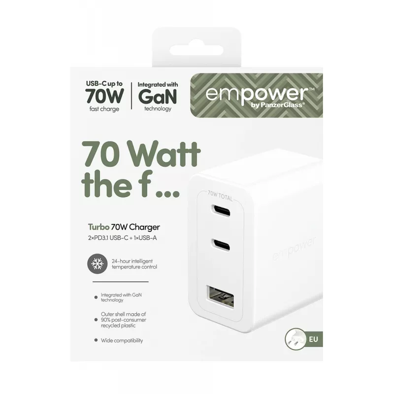 PanzerGlass empower™ by ® Turbo 70W Multiple Charger incl. 2 x USB-C + USB-A | EU Plug | srebrny biały