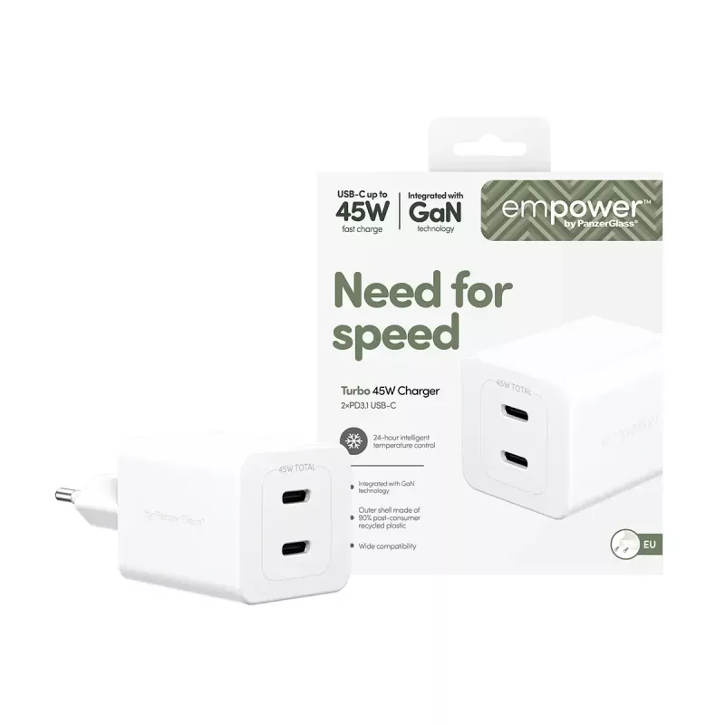PanzerGlass empower™ by ® Turbo 45W Charger incl. 2 x USB-C | EU Plug | srebrny biały