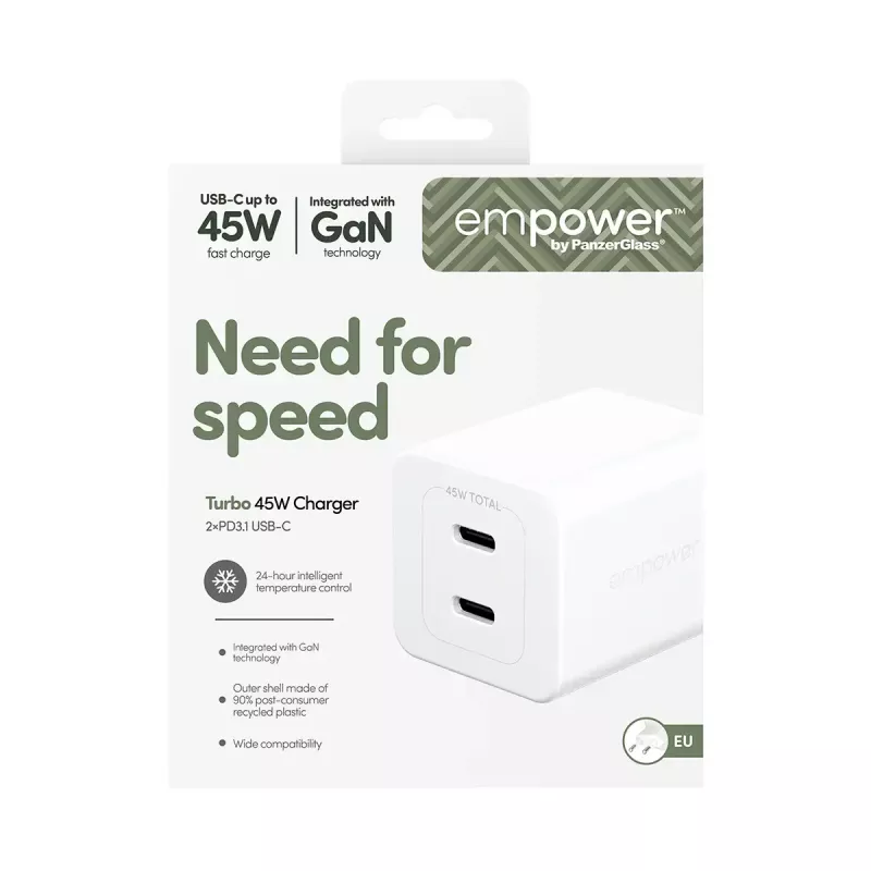 PanzerGlass empower™ by ® Turbo 45W Charger incl. 2 x USB-C | EU Plug | srebrny biały