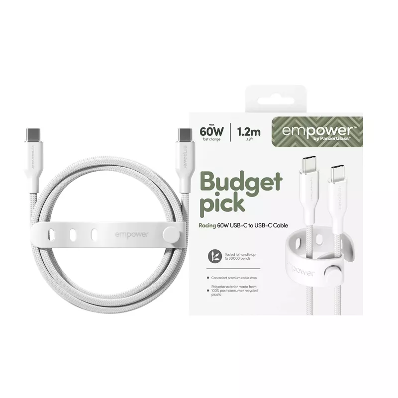 Kabel PanzerGlass empower™ by ® Racing 60W USB-C do USB-C | USB 2.0 | 1,2 m | srebrnobiały