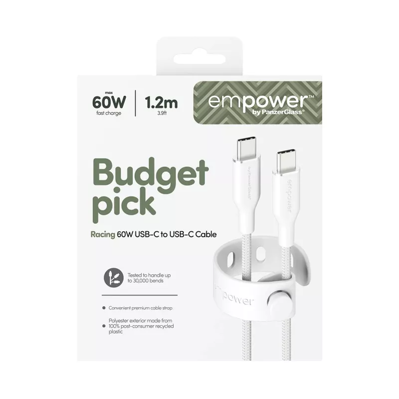 Kabel PanzerGlass empower™ by ® Racing 60W USB-C do USB-C | USB 2.0 | 1,2 m | srebrnobiały