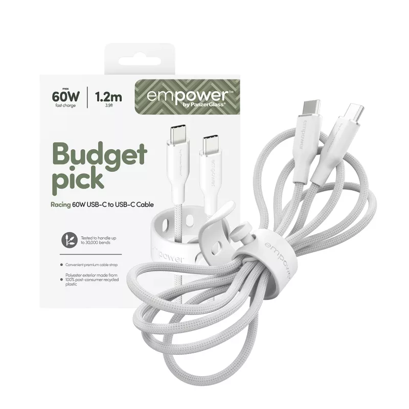 Kabel PanzerGlass empower™ by ® Racing 60W USB-C do USB-C | USB 2.0 | 1,2 m | srebrnobiały