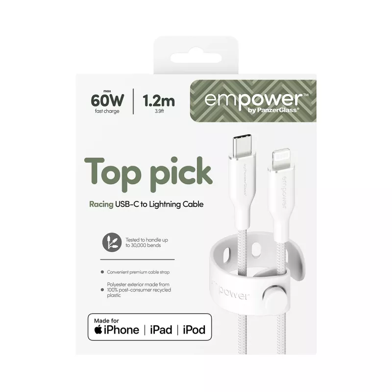 PanzerGlass empower™ by ® Racing 60W USB-C do Lightning | USB 2.0 | 1,2 m | Srebrno-biały