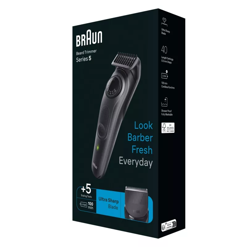 Braun BeardTrimmer 5 BT5430 trymer do brody Bateria 40 2 cm Wet & Dry Czarny