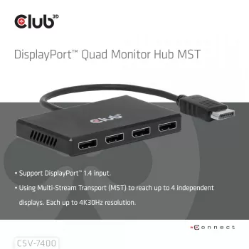 CLUB3D Quad DisplayPort™ Hub – 4 x 4K Rozdzielczość @ 30Hz, Obsługa MST
